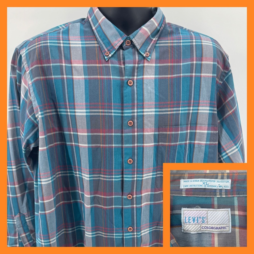 Vintage Levi's Colorographs Mens XL Plaid Button‎ Up Shirt Long Sleeve Casual
